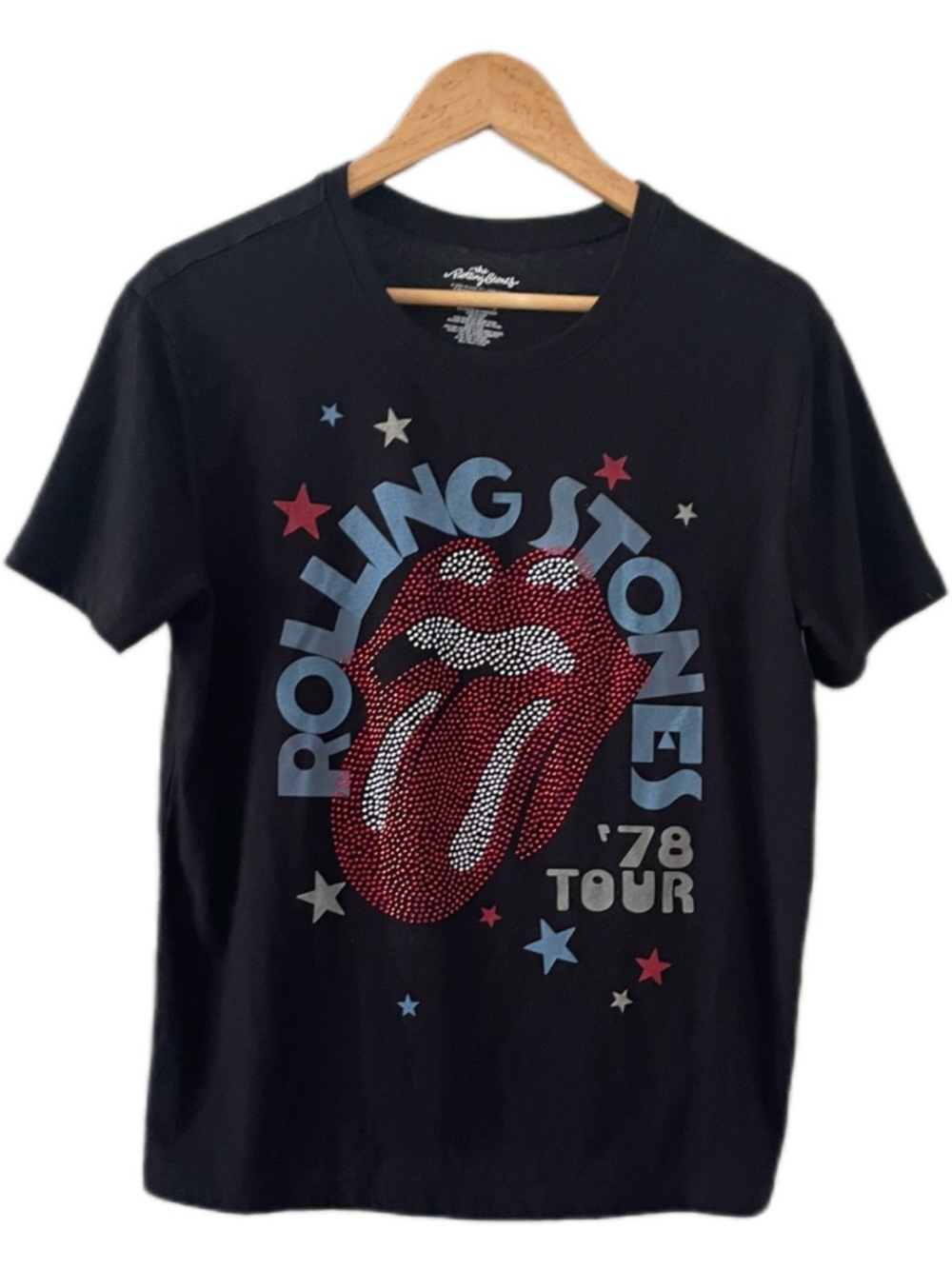 Y2K Rolling Stones Graphic Black Tee with Red Rhinestone Tongue - M